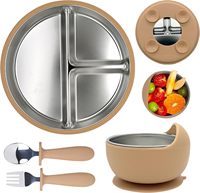 Ensemble d'alimentation pour bébé en acier inoxydable, assiette et bol à ventouse avec cuillère et fourchette, assiette divisée pour tout-petit, sans BPA, durable, facile à nettoyer