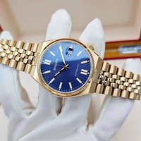 Jam Tangan Mekanik Pria CIT Stainless Steel Warna Emas, Logo Custom, Kalender Sederhana, Dial Biru, Tahan Air, Promo Hot Sale