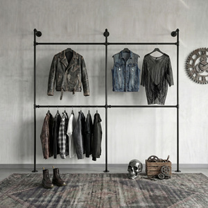 Porte-vêtements mural industriel classique en métal, support de tuyau, barre de suspension pour vêtements, gain de place, armoire, salon - Product Image 3
