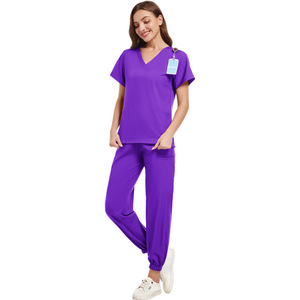 Women's V-Neck Scrub Set Short Sleeve Knitted Moisture Wicking Hospital Uniforms Casual Wear For Medical Care - Product Image 3