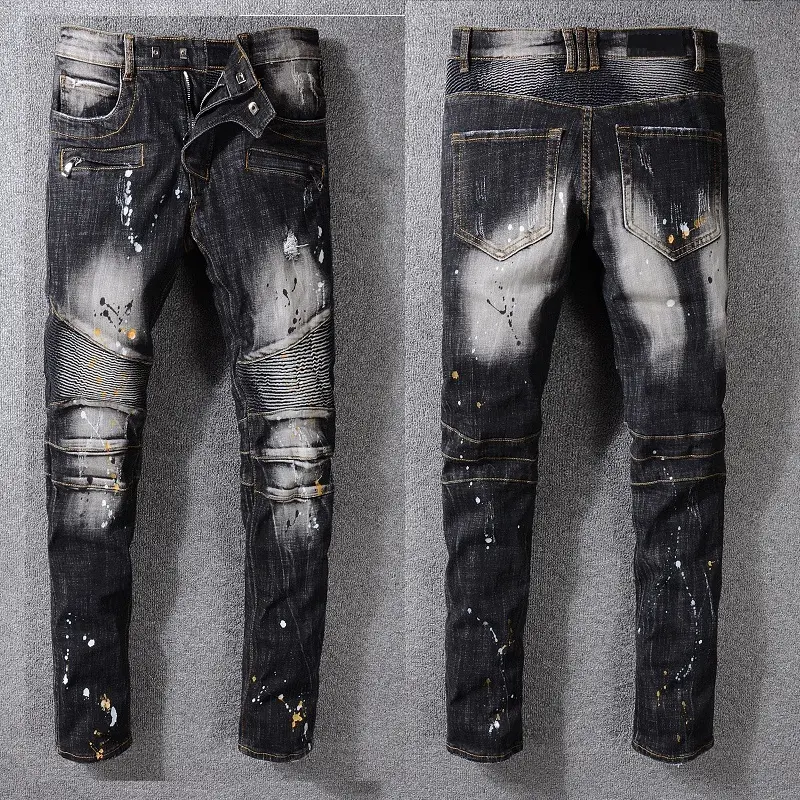 Yeni fransa tarzı #1066 # erkek Moto pantolon yırtık yağlı yıkanmış siyah Skinny Denim Jeans Biker streç ince pantolon boyutu 29-42