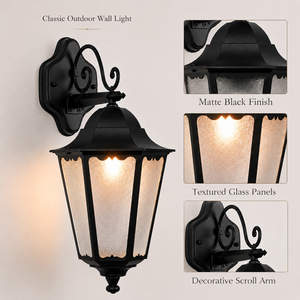 Applique murale extérieure classique noire avec abat-jour en verre texturé pour porche, entrée, patio, jardin – Fabrication OEM/ODM - Product Image 4