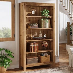 Bibliothèque en bois rustique SENYU avec 5 étagères et panneau arrière pour le rangement, idéale pour le salon ou le bureau à domicile - Product Image 6
