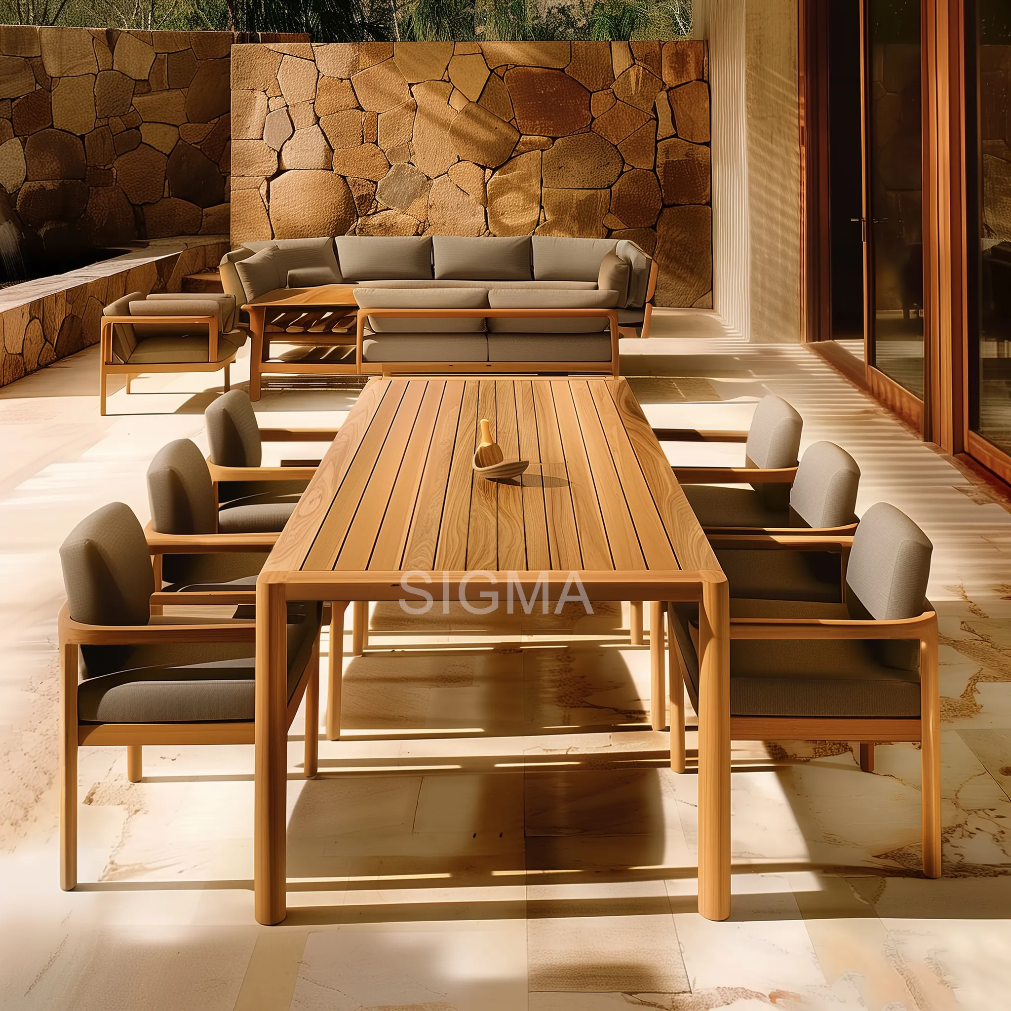 أريكة خارجية عالية الجودة مخصصة حديثة من خشب الساج للفناء طقم أرائك للحديقة فاخرة أثاث فندق وفيلا مضاد للماء