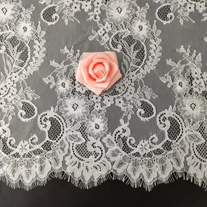 High Quality 100% Knitted Nylon Flower Mesh Tulle Fabric French Chantilly Eyelash Lace Wedding Dress Decoration Factory Price