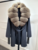 Manteau en laine mélangée cachemire Janveny 2026, nouvelle collection hiver, pour femme, ceinturé, épais, chaud, avec col en vraie fourrure naturelle et manches en tricot