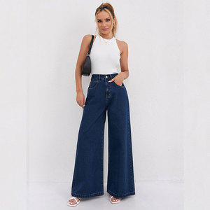 Jeans transfrontaliers - Pantalon en <span class=keywords><strong>jean</strong></span> taille haute <span class=keywords><strong>bleu</strong></span> foncé pour femme, coupe évasée, amincissant, longueur ras du sol, tendance et polyvalent - Product Image 4