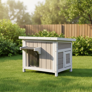 Maison pour chat d'extérieur en bois, isolée et résistante aux intempéries, pour chats errants, utilisation hivernale, avec porte d'évacuation et toit ouvert en asphalte - Product Image 1