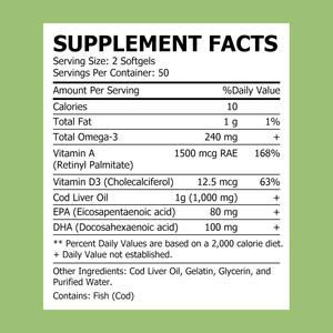 Gélules d'huile de foie de morue oméga-3 de haute qualité pour la récupération musculaire, le soutien cardiaque et immunitaire, avec vitamine A - Product Image 6