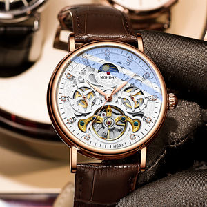 Vintage Leather Strap <b>Men's</b> Mechanical <b>Watch</b> Luminous Pointer Dial Metal Case Hollow Design <b>Waterproof</b> 30M Suitable Wholesale - Product Image 2