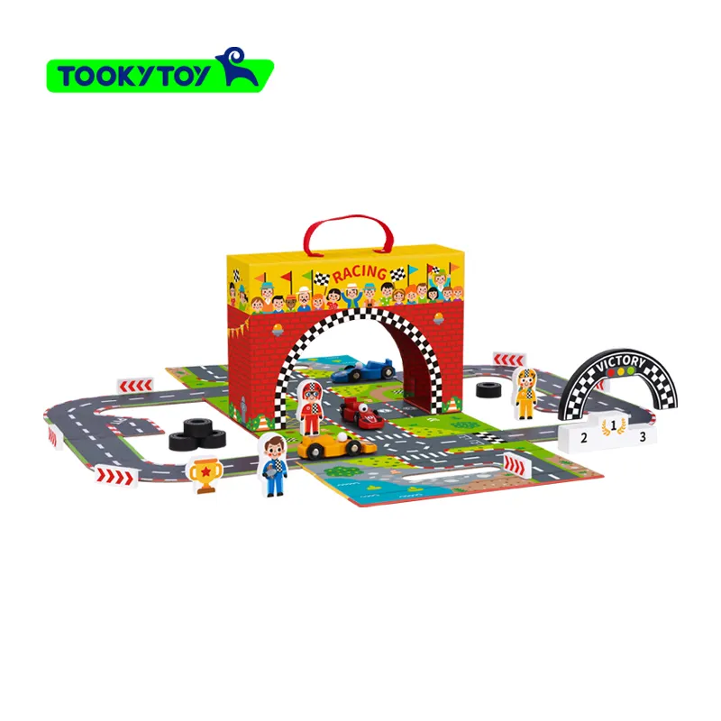 Portable Expandable Racing Game Box with Race Track  Award Podium and Simulated Racing Toys.