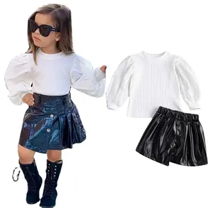 2021 Fashion wholesale Children Clothes Sets Puff Sleeve Knitted Sweatshirt Tops Leather Skirt Kids Suits Girls Outfits