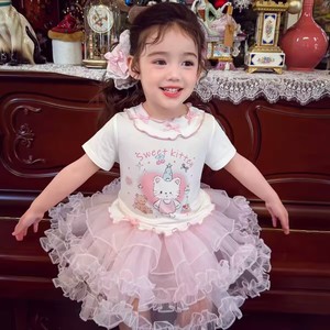 Girls Pink Cartoon Print Short Sleeve Dress Breathable Summer Style With Tutu Skirt - Product Image 4