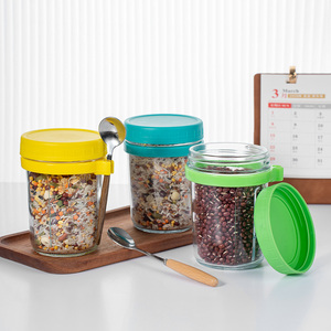 Venta al por mayor de tarros de vidrio Mason de boca ancha vacíos de 10 oz para desayuno, recipientes para avena remojada con tapas y cucharas - Product Image 2