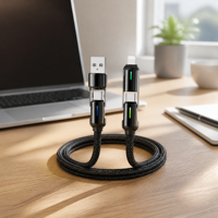 Cable de Carga Rápida PD de 60 W 4 en 1 con Luz LED, Cable de Datos Trenzado de Nailon Tipo C a Tipo C + L para iPhone 16 15 MacBook Samsung