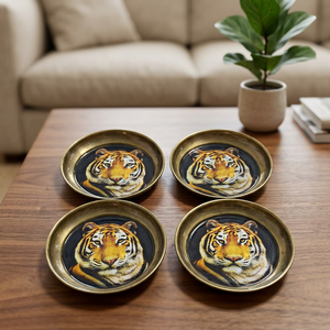 Handcrafted Golden Brass Tiger Design Coaster with Black Printed Center for Luxury Home Decor and Dining Table - Product Image 1