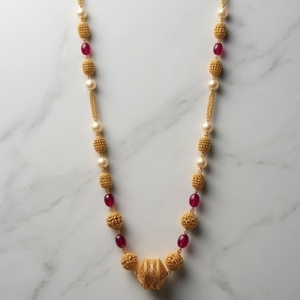 Antique 925 Silver Mala <b>Necklace</b> with Red Beads and Pearls Long Chain <b>Statement</b> Jewelry for Women Party and Wedding Wear - Product Image 2