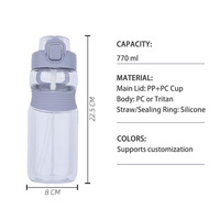 Bouteille d'eau portable pour enfants 770 ml, écologique, avec paille, bande antidérapante en silicone, sans BPA, en plastique transparent, anti-fuite, pour le sport