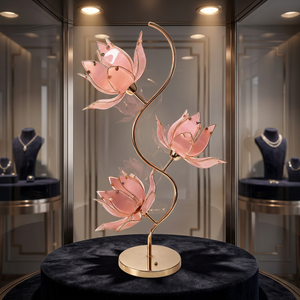 Lampe de table décorative Lotus, 3 têtes en pétales de verre rose sur support doré, lumière de chevet à douille E26 pour accent de salon - Product Image 5