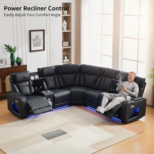 Sofá Reclinable Eléctrico de Estilo Moderno en Cuero Negro con Altavoces Bluetooth y Luces LED para Cine en Casa Inteligente - Product Image 1