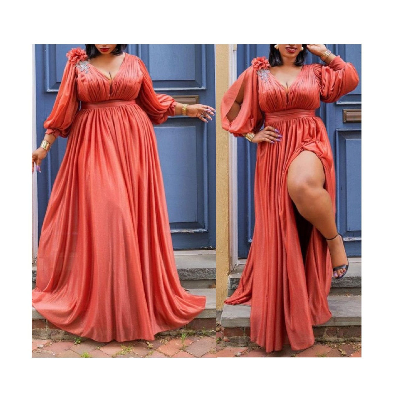 Red V Neck Ruffles Slit 5XL Plus Size Vestido de noite bridesmaid Evening Dress