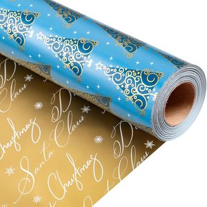Reversible Blue Christmas Wrapping <b>Paper</b> <b>Roll</b> 17 In x 32.8 Ft Double Side Gift <b>Wrap</b> for Holiday Crafting - Product Image 1