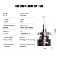 Phares LED en aluminium RCJ 60W 8000LM 6000K H1 H4 H7 9005 9006 9007 9008, ampoules LED universelles pour voiture