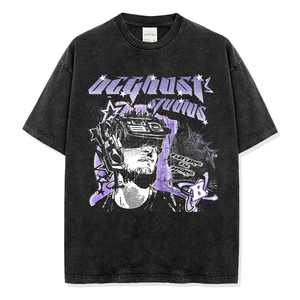 Magliette da uomo spesse all'ingrosso con stampa Vintage lavate in cotone pesante T-shirt a girocollo - Product Image 1