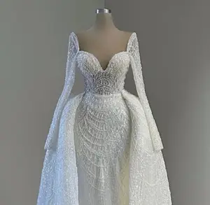 2-teiliges weißes Brautkleid mit abnehmbarer Schleppe lange Ärmel Perlen Brautkleider Vestido Blanco Brautkleider Meerjungfrau