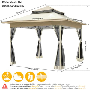 Gazebo pliable 3,6 m x 3,6 m avec parois en maille, <span class=keywords><strong>tente</strong></span> de réception à double toit pour jardin avec poids de fixation et sac de transport, beige - Product Image 2