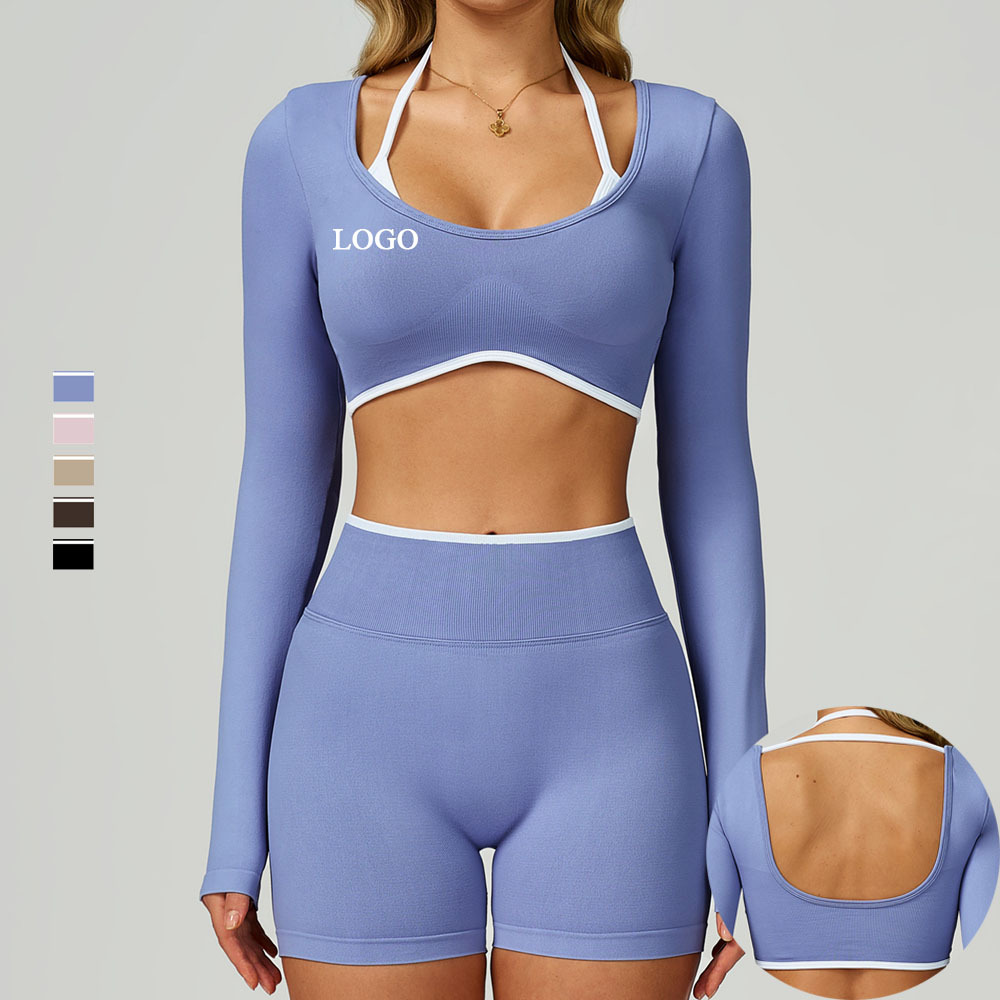 Custom Color Contrast Seamless Long Sleeve Halter Workout Active Tops U Back Quick Dry Breathable Women Fitness Yoga Crop Tops