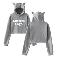Sweat-shirt court à capuche oreilles de chat gris, respirant, délavé à l'acide, écologique, en coton premium pour femme, idéal pour la personnalisation de vêtements