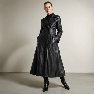 Cappotto <span class=keywords><strong>trench</strong></span> da <span class=keywords><strong>donna</strong></span> in vera <span class=keywords><strong>pelle</strong></span> di pecora nera, lungo, doppiopetto, con cintura, per l'ufficio - Product Image 1