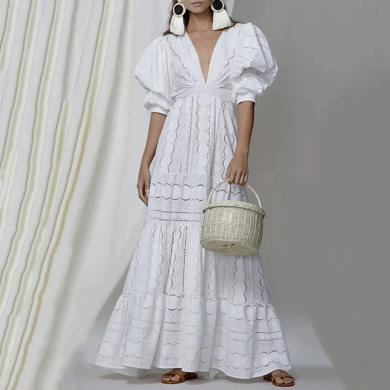 Custom Y2K Summer Beach 2023 Elegant V Neck White Lace Hollow Vintage Puff Sleeve Empire Womens Solid Maxi Long Casual Dress