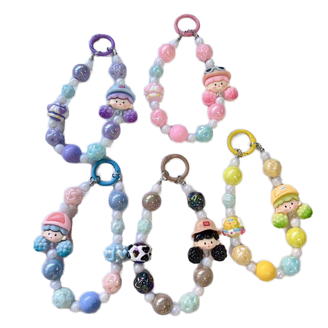 Cartoon Girl Cell Phone Fashion Bracelet Wrist Strap Charm Keychain Beaded Detachable Phone Lanyard Customized Colors 16CM