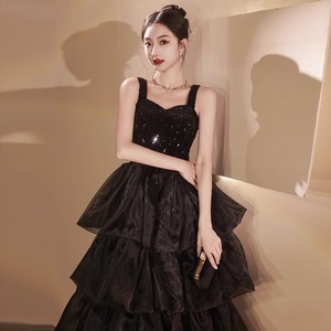 Black Halter Neck Evening Gown Sequined Empire Waist Long Dress For Party Wedding Birthday Graduation - Product Image 2