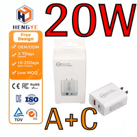 Adaptateur USB Type C 2 en 1 3A 2 ports QC3.0 USB PD Charge rapide 20W Chargeur mural USB-C avec câble pour appareil photo (Écologique)