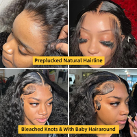 Perruques frontales sans colle en dentelle HD 13x6, style Water Wave, en cheveux vierges brésiliens bouclés et ondulés effet mouillé, noir naturel, densité 200%, longues