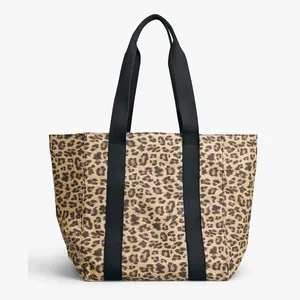 Custom Large Capacity With Inner Zipper Pocket Casual Shoulder Reusable Grocery Shopping Bag Cotton Brown Leopard Tote Bag