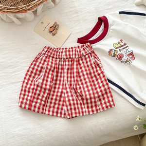 Girls Cartoon Short Sleeve Set Plaid Shorts Two Piece Breathable Summer Casual <b>Clothes</b> - Product Image 4