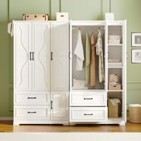 Armoire en bois moderne avec 4 portes, tiroirs, étagères et crochets latéraux - Armoire de rangement durable et écologique pour la chambre à coucher