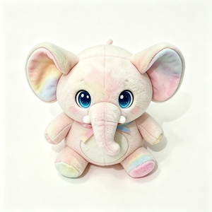 Elefante de Peluche Rosa Pastel Kawaii con Degradado de Arcoíris y Cinta – Adorable Animal de Peluche Sentado para Niños - Product Image 3