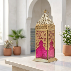2026 Manufacturers Colorful Glass Gold Metal Moroccan Candle Holder <b>Lantern</b> for Tabletop & Hanging Decorations - Product Image 1
