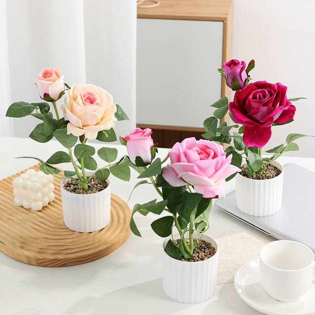 In-stock Artificial Double-headed Rose Potted Plant Office Desktop Display Small Bonsai Artificial Flower Hotel Decoration