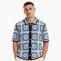 Individuelles LOGO Herren Acryl-Cardigan Einfarbig Dünn Kurzarm Camp-Kragen Nebelblau Sommer Atmungsaktiv Knitterfrei Schnelltrocknend OEM ODM