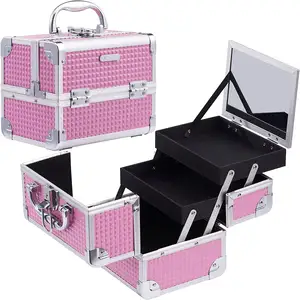 Estojo de cosméticos rosa de maquiagem, caixa de viagem, organizador de trem, caixa de beleza