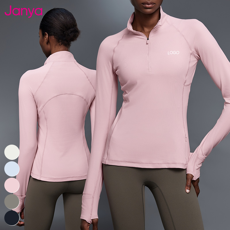 Janya Breathable Slim Fit Gym Sports Yoga Shirts Long Sleeve Half Zipper Stand Collar Fitness Tops with Hidden Pocket for Women