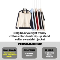 Blouson zippé à col montant color block OEM 380g, veste zippée tendance à empiècements contrastants, faible MOQ 1 pièce échantillon vierge en stock