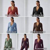 Haut de yoga haute performance RunningJacketNaked, col en V sexy, coupe ajustée pour femme, fermeture éclair intégrale, décolleté plongeant, haut d'entraînement à manches longues côtelé sculptant, MOQ 100