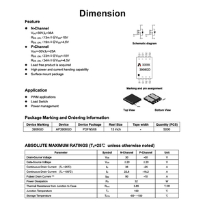 Allpower ap3908gd 30v36a MOS(N + P) dfn5 * 6 n và p-kênh tăng cường OBC điện áp cao qfn SMD Chip bề mặt gắn kết MOSFET - Product Image 2